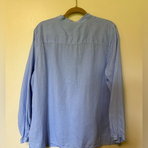 LLBean 100%linen Blue Button-Up long sleeves Shirt with ruffle detail - Picture 3 of 10